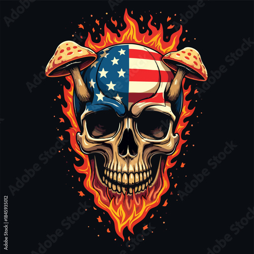 Vector t-shirt design with burning human skull
with usa flag mask, poisonous mushroom fly agaric 
on black background. Fashionable american print for fabric, paper, men clothing, hoodie, jacket. 