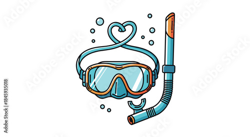 Cute cartoon illustration of a blue snorkeling mask and snorkel with bubbles, where the strap is shaped like a heart, symbolizing a love for diving.
