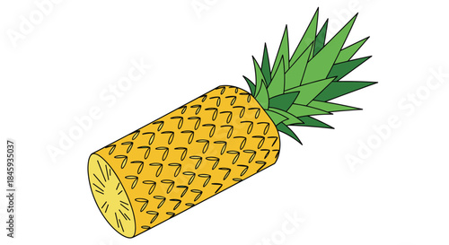 Colorful cartoon illustration of a halved pineapple fruit with its green leafy crown, isolated on a white background for tropical and summer food designs.