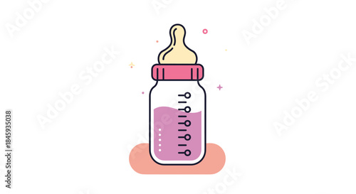 Cute cartoon illustration of a baby feeding bottle with pink milk or formula, a measurement scale, and sparkles, isolated on a white background.