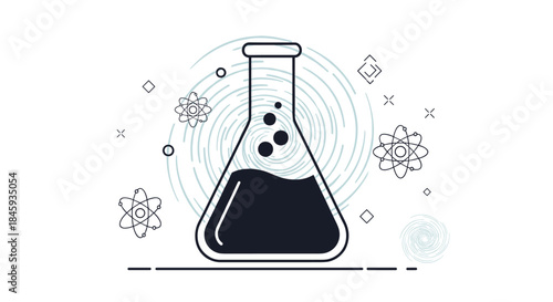 Monochrome scientific illustration of a laboratory flask with bubbling liquid, surrounded by atoms and abstract swirls, representing chemistry and research.