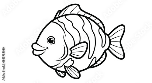 Cute and friendly cartoon tropical fish with stripes and a happy smile, provided as a black and white outline for a children's coloring book page.