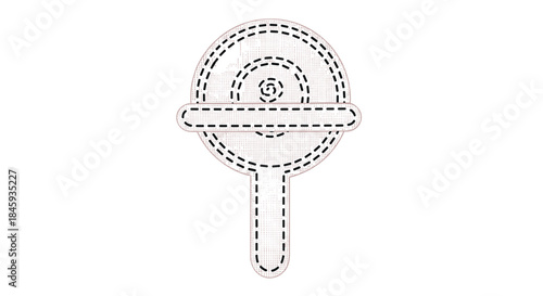 Simple outline of a baby rattle or lollipop with a dashed stitch line effect, suitable for crafting, sewing projects, or nursery-themed designs.