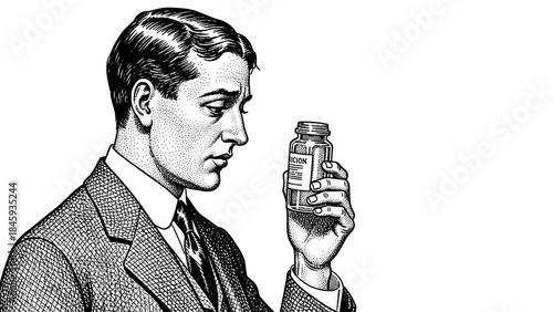 Man examining glass jar while dressed in a suit and tie, man holding prescription bottle  