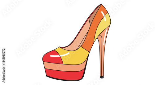 Colorful cartoon illustration of a stylish women's high-heeled platform shoe in shades of red, orange, and yellow, isolated on a white background.
