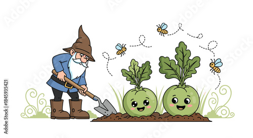 Cute cartoon garden gnome digging in a vegetable patch with two happy kohlrabi characters and buzzing bees, creating a whimsical gardening scene.