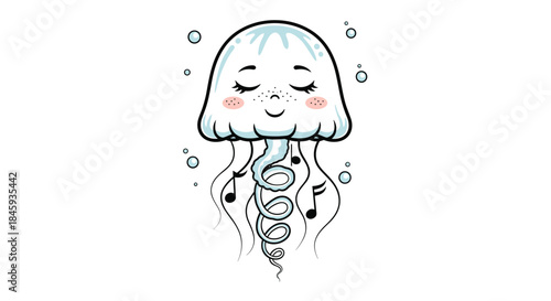 Adorable kawaii-style jellyfish with closed eyes, rosy cheeks, and musical notes in its tentacles, creating a cute and whimsical underwater character.