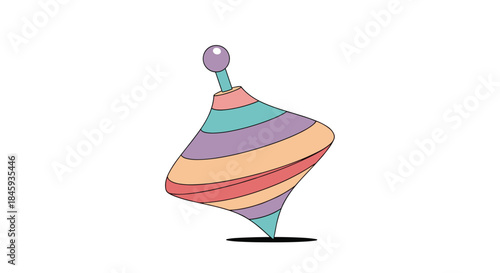 Colorful spinning top toy with pastel-colored stripes, illustrated in a simple, flat cartoon style and isolated on a clean white background.