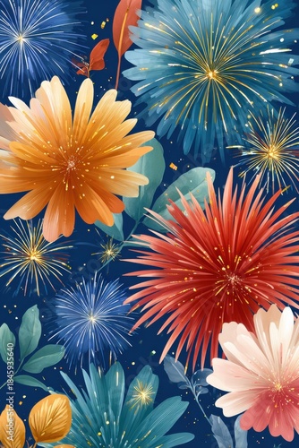 Fireworks bloom over a dark blue background with vibrant flowers, creating a festive celebration mood