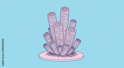 Vintage-style engraving illustration of purple sea sponges or tube corals against a solid light blue background, creating a retro underwater scene.