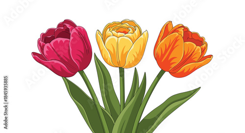 Beautiful bouquet of three colorful tulips in pink, yellow, and orange, illustrated in a charming, slightly sketched style for a spring floral design.