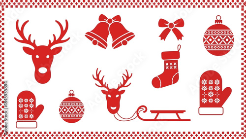 Festive Red Christmas and Winter Holiday Icons Collection on Black: Reindeer, Bells, Ornaments, and Sleigh Illustrations