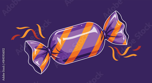 Vibrant pixel art illustration of a single piece of candy in a purple and orange striped wrapper, perfect for Halloween themes.