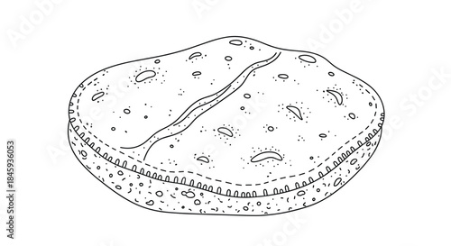 Detailed black and white line art illustration of a single roasted coffee bean, created in a hand-drawn, sketchy style.