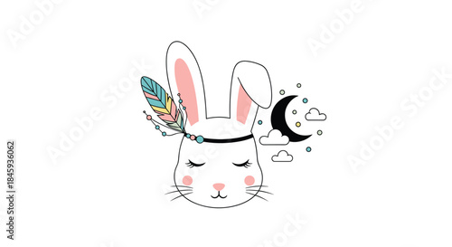 Cute bohemian-style bunny rabbit face with a feather headband, sleeping peacefully with a crescent moon and clouds in the background.