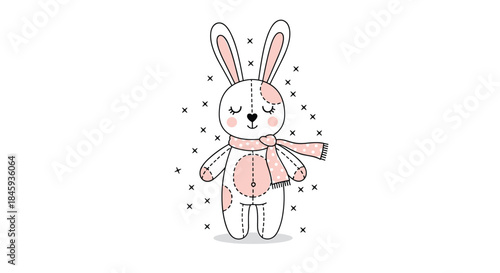 Adorable hand-drawn illustration of a cute stuffed bunny rabbit toy with pink patches and a polka dot scarf on a white background.