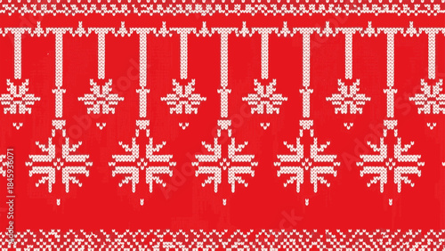 Seamless winter holiday knit pattern with white snowflakes and geometric elements on a festive red background