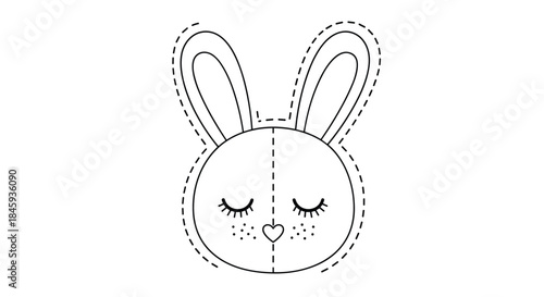 Simple black and white line art of a cute sleeping bunny face with a heart-shaped nose, outlined with dashed lines for sewing.