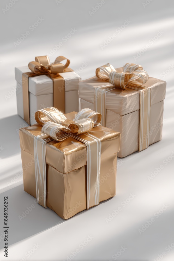 Obraz premium Elegant Gift Boxes with Gold Ribbons, Soft Lighting, Minimalist Composition, Celebration Concept.