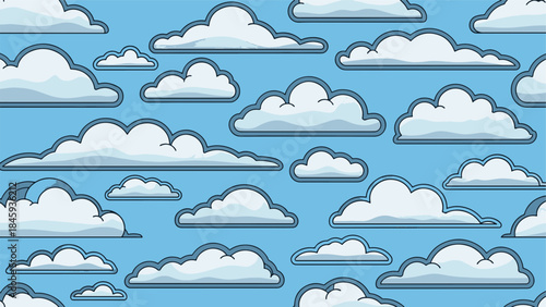 Retro-style pixel art illustration of a clear blue sky filled with a repeating pattern of fluffy white and gray clouds