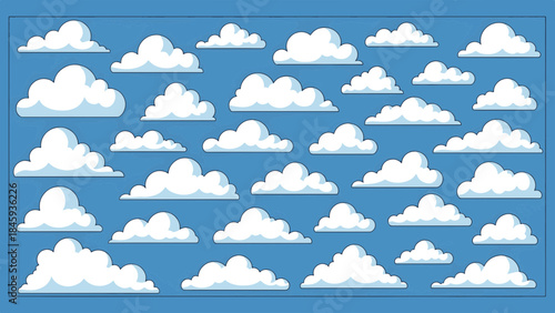 Graphic illustration: Repeating pattern of dark, stylized clouds against a vibrant blue sky, forming an atmospheric backdrop.