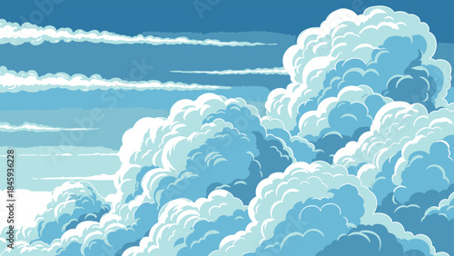 Expansive pixel art illustration of voluminous cumulus clouds filling a vibrant blue sky from a low viewpoint
