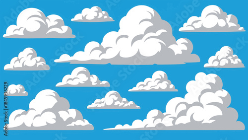 Stylized formation of numerous fluffy cumulus clouds floating across a vibrant blue sky, an illustrative atmospheric weather graphic.