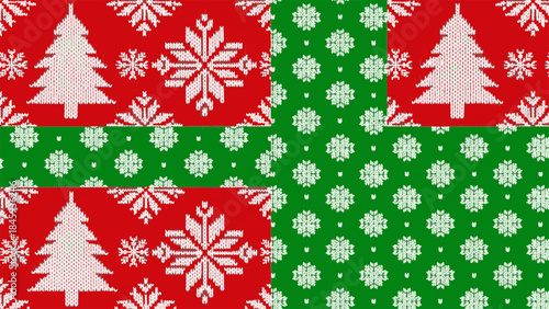 Vibrant seamless knit pattern showcasing festive Christmas trees and delicate snowflakes on a traditional red and green background.