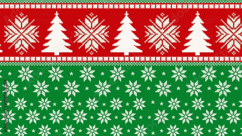 Festive Winter Holiday Knit Pattern with Christmas Trees and Snowflakes in Red and Green Colors