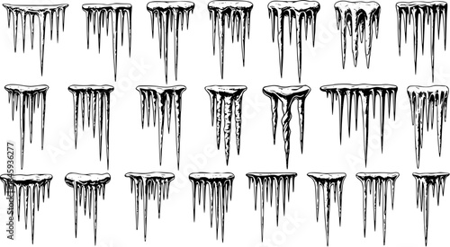 Winter Cold Weather Icicles Collection. Hand-drawn Black and White Engraving Style Set of Frozen Ice Formations, Ideal for Seasonal Nature and Frosty Design Elements.