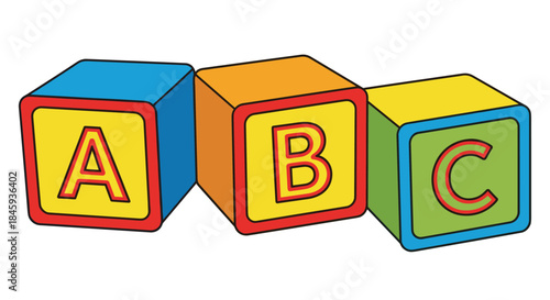 A colorful cartoon illustration of three children's toy blocks spelling out A, B, and C, isolated on a white background.