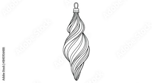 An elegant, swirled icicle Christmas ornament drawn in a detailed black and white line art style, isolated on a white background.