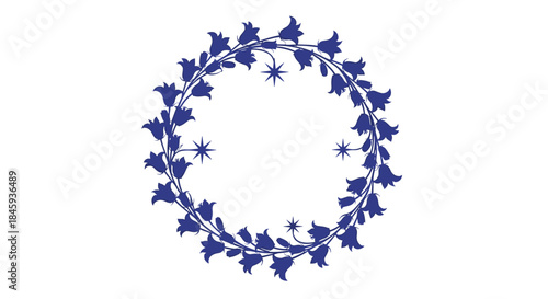 An elegant circular frame or wreath made of dark blue bellflowers and stars, rendered in a charming, brush-stroke style.
