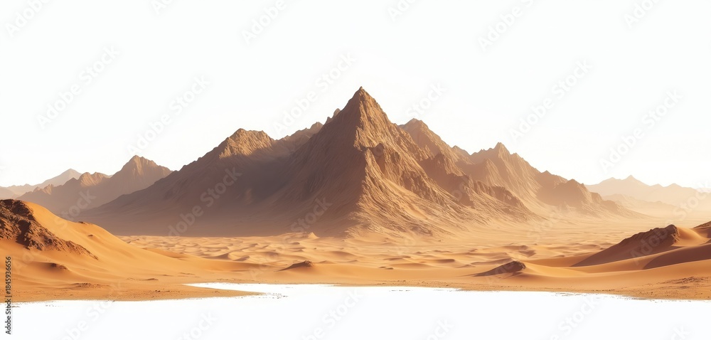 Naklejka premium Expansive desert landscape panorama with jagged sandy mountains. Rolling dunes create a stark, arid terrain under a bright sky. Vastness and solitude define this barren wilderness environment.