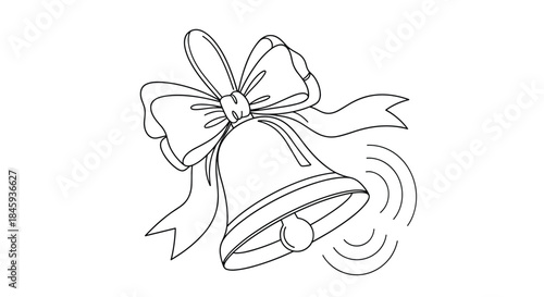 A festive ringing school bell decorated with a large ribbon bow, drawn in a clean black and white line art style.