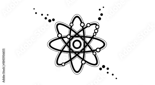 A stylized black and white illustration of an atom symbol, representing science, physics, and nuclear energy concepts.