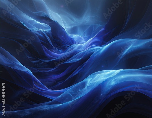 Abstract blue digital wave pattern with sparkling lights and flowing forms creating a cosmic or ethereal atmosphere illuminated by soft glowing light