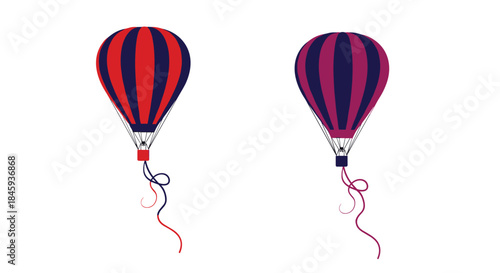 A pair of colorful hot air balloons in red-blue and purple-blue vertical stripes, illustrated in a simple, elegant style.