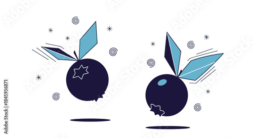 A whimsical and abstract illustration of two dark blue blueberries with geometric leaves, surrounded by spirals and stars.