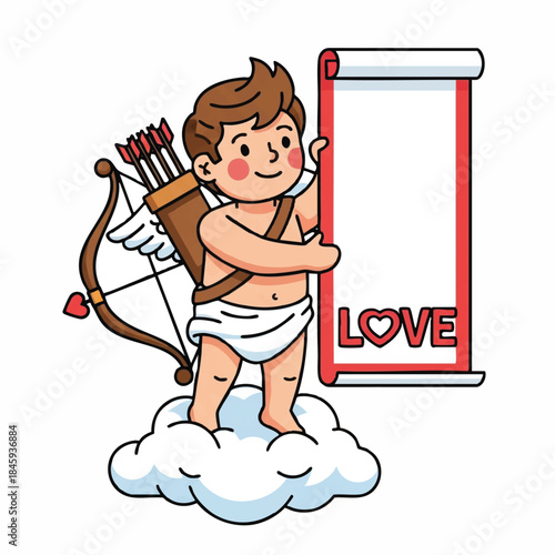 A cheerful cartoon cherub with a bow and quiver stands on a cloud holding a red and white scroll with the word 'LOVE' in a playful, illustrative style with bright colors and a lighthearted