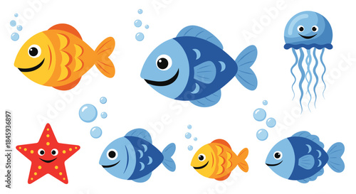 A cute and colorful collection of cartoon sea creatures, including smiling fish, a jellyfish, and a starfish with bubbles.