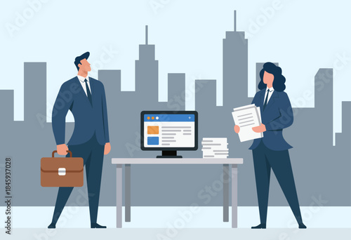 Business professionals collaborating in a modern office with computer, documents, and city skyline background, Business collaboration, Corporate teamwork, Modern office workspace