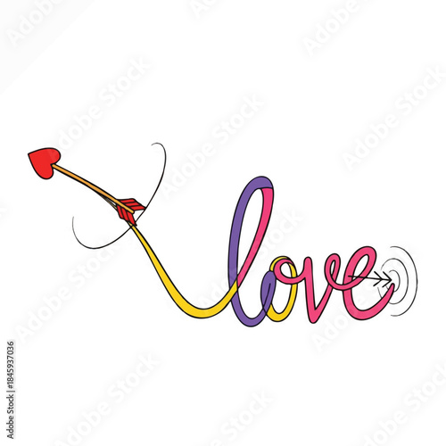 Colorful illustration of the word 'love' with a heart-tipped arrow piercing through it on a white background with a playful and romantic mood.