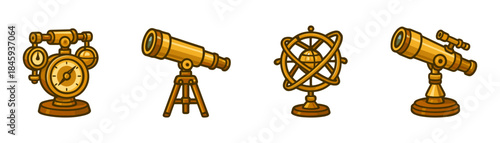 Retrofuturistic astronomy devices cartoon icons set, brass telescopes orrery model