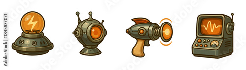 Retrofuturistic ray gun devices cartoon icons set, energy orbs scanners consoles