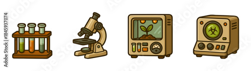 Retrofuturistic biology lab devices cartoon icons set, test tubes microscopes monitors