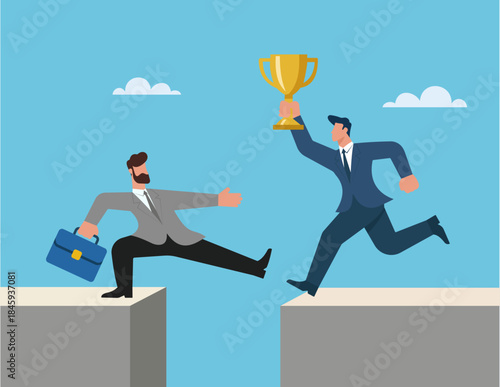 Businessman leaping gap with trophy while colleague reaches out, symbolizing competition, ambition and bridging challenges in corporate success, Business Competition, Bridging the Gap