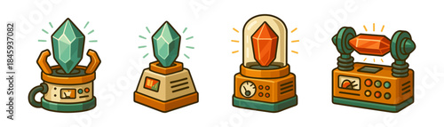 Retrofuturistic energy crystals cartoon icons set, power cores magic generators