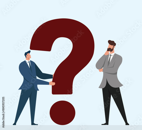 Business decision making and problem solving concept with two businessmen standing around a big red question mark in flat vector style, Business decision making, Problem solving teamwork