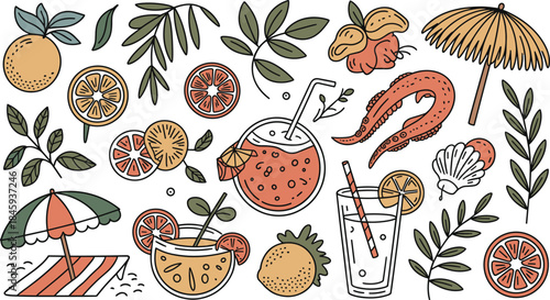 Summer Tropical Cocktail Vector Set with Citrus Fruits Drinks and Beach Elements